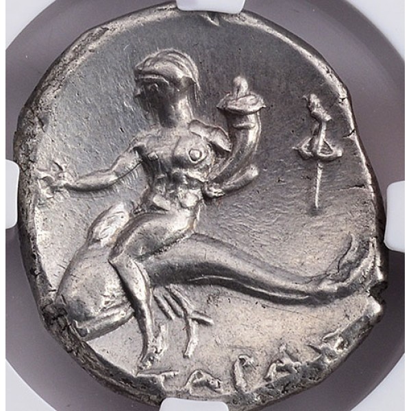 NGC AU  Ancient Greek Calabria Taras Boy on Dolphin Silver Didrachm 281 B.C.